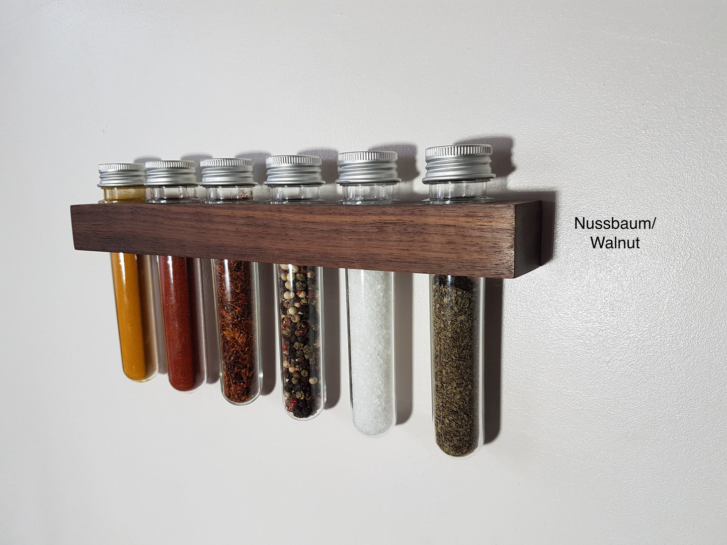 Gewürzregal für die Wand aus Holz mit Reagenzgläsern I Gewürzablage I Gewürzboard