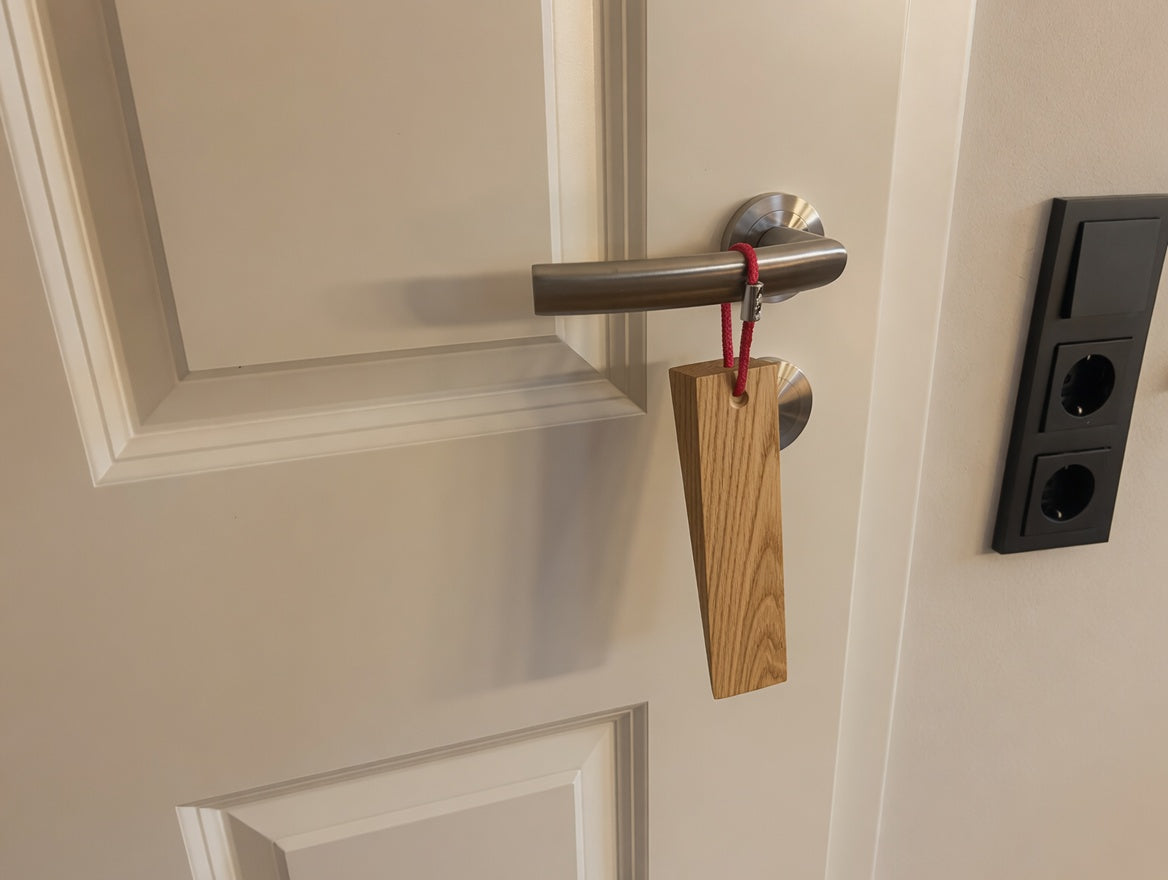 Handgefertigter Türkeil aus massiver Eiche, minimalistischer Türstopper mit farbiger Kordel