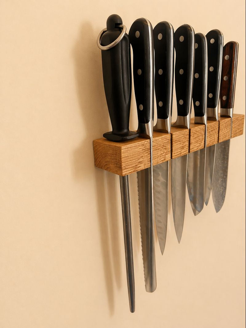 Messerblock Wand Eiche Massiv – Messerhalter Holz Handgefertigt – Messerleiste Schwebend – Küchendeko & Geschenk für Hobbyköche