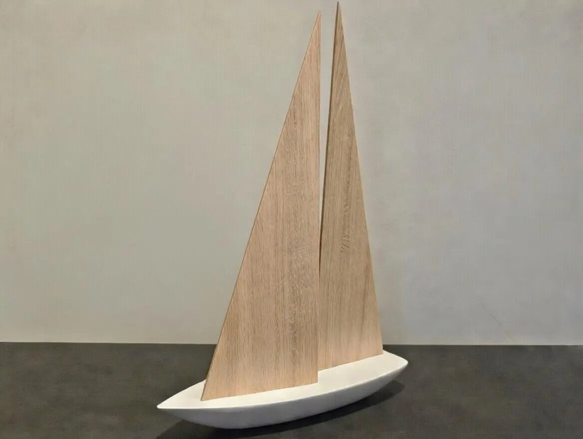 Handmade wooden decorative boat – poplar hull & oak sail, unique piece, maritime decoration, gift idea, stylish home accessory