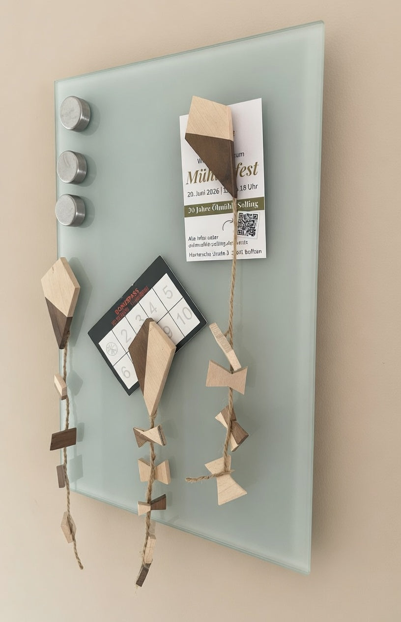 Handgemachter Drachen Holzmagnet aus Ahorn & Nussbaum – Kühlschrankmagnet, Fotohalter, Memoboard Magnet, Geschenkidee, Deko