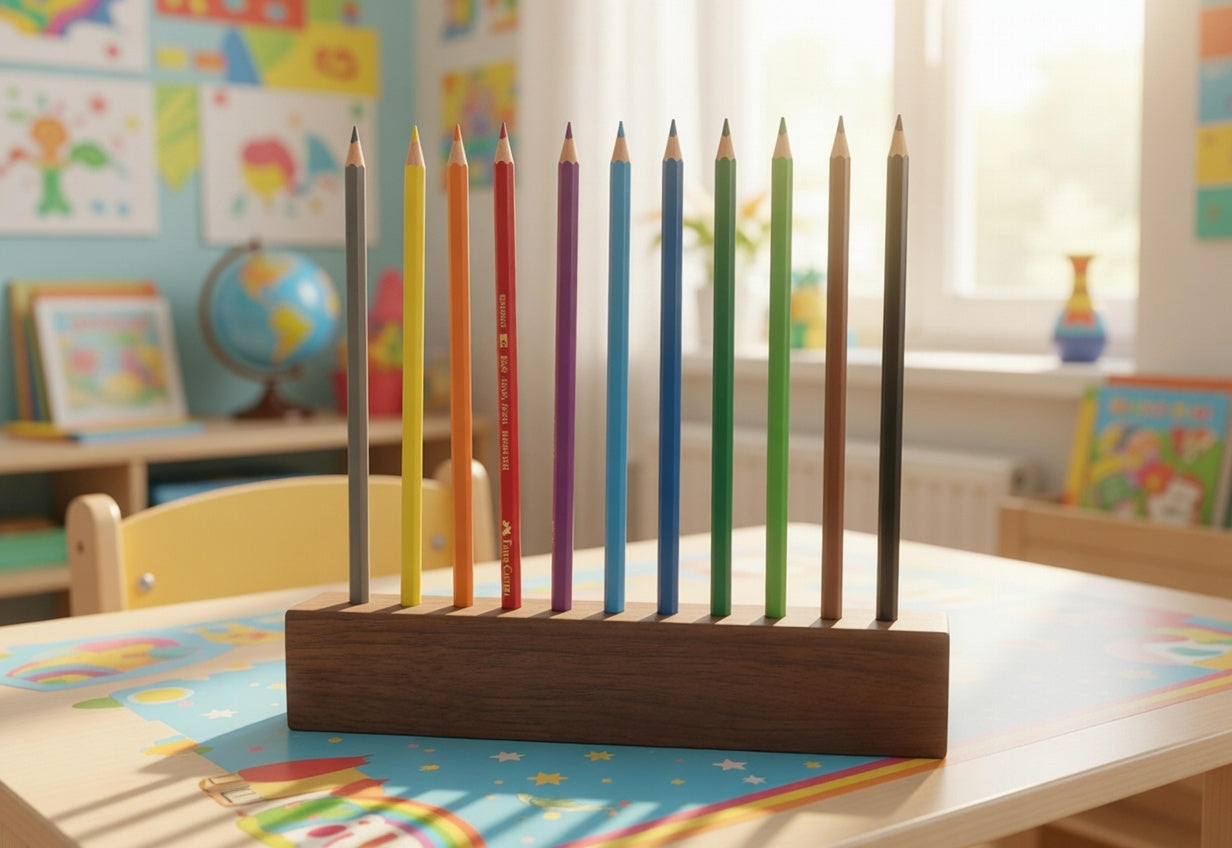 Minimalist Walnut Pen Holder with 10 Colored Pencils – Handmade Desk Organizer, Office Accessory, Gift Idea