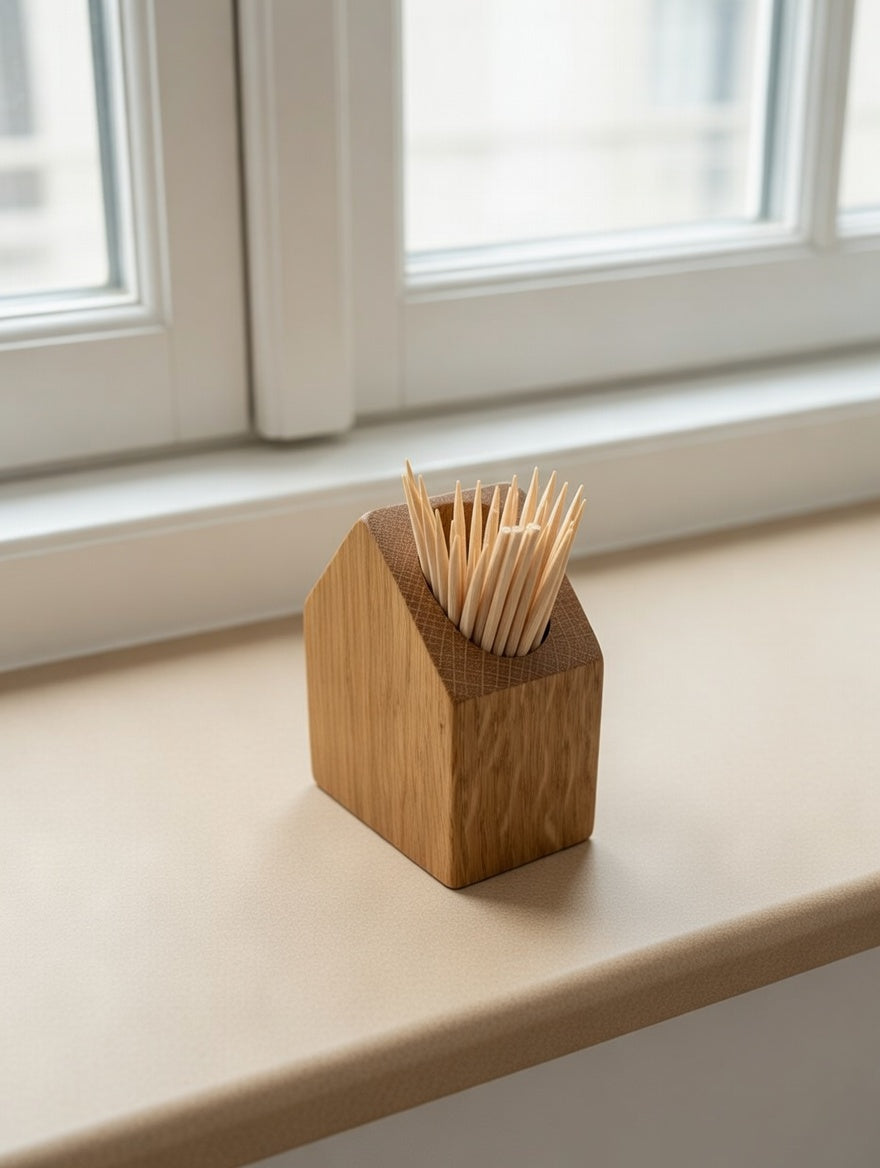 Zahnstocherhalter aus Eiche in Hausform – handgefertigt, massiv Holz, dekorativ für Küche & Tisch