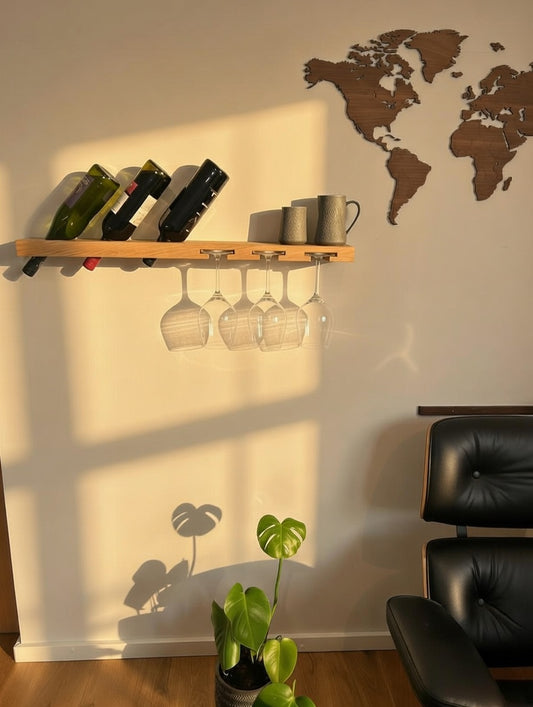 Weinregal Wand aus Eiche | Weinglashalter für 3 Gläser & 3 Flaschen | Handgefertigt | Geschenk für Weinliebhaber | Küche Wohnzimmer