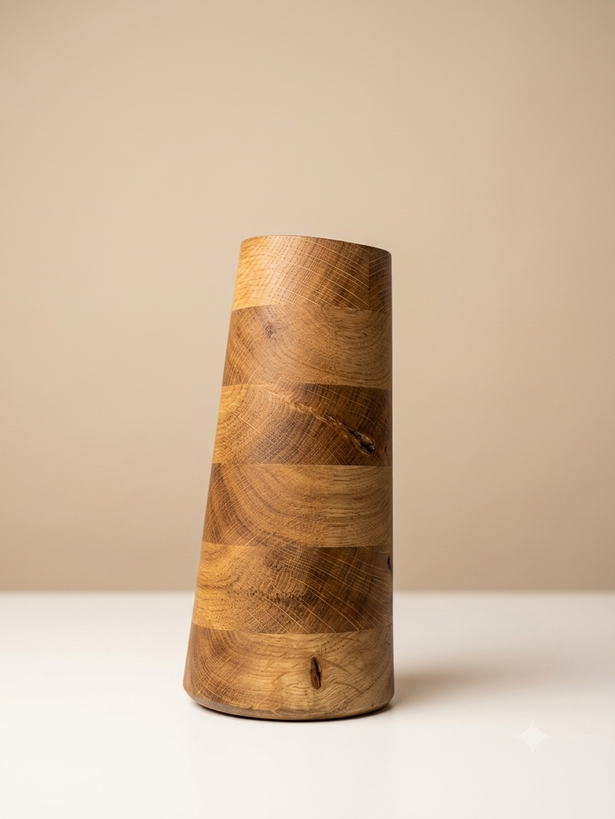 Gestreifte Holzvase aus Eiche – Handgedrechselt mit Glaseinsatz
