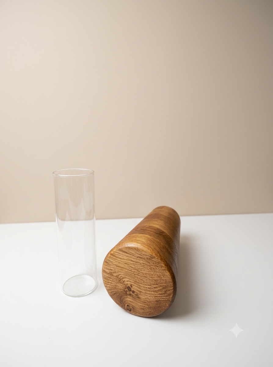 Gestreifte Holzvase aus Eiche – Handgedrechselt mit Glaseinsatz
