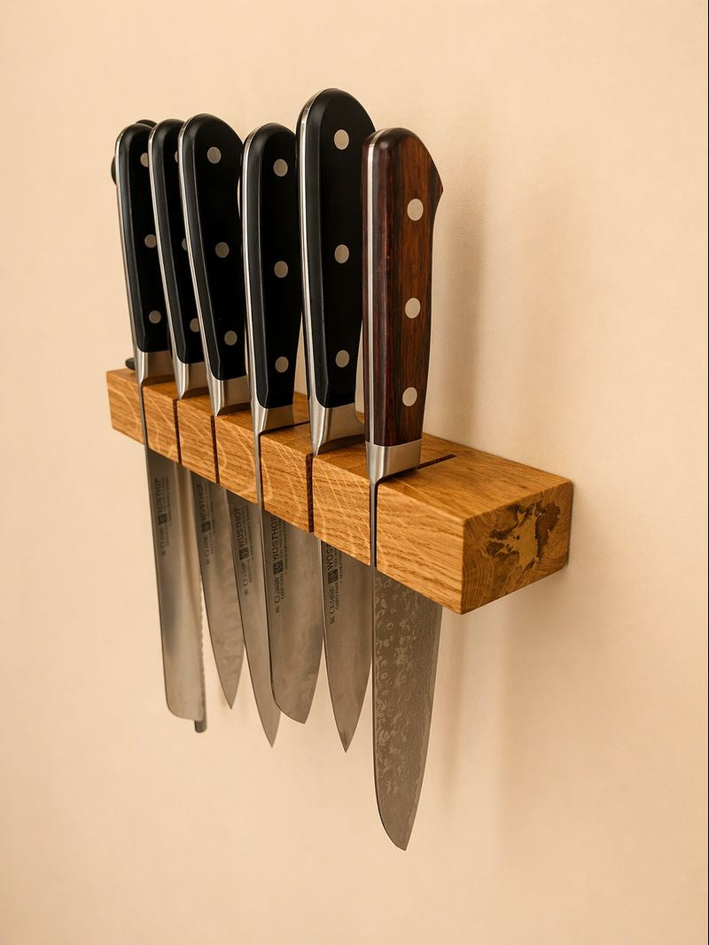 Messerblock Wand Eiche Massiv – Messerhalter Holz Handgefertigt – Messerleiste Schwebend – Küchendeko & Geschenk für Hobbyköche