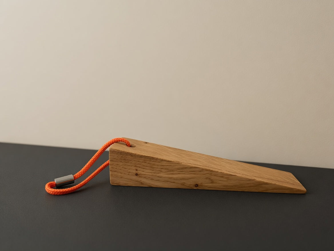 Handgefertigter Türkeil aus massiver Eiche, minimalistischer Türstopper mit farbiger Kordel
