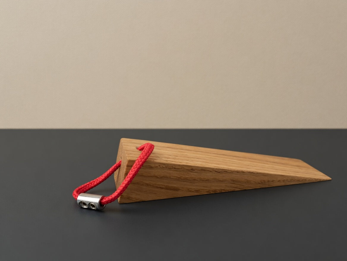 Handgefertigter Türkeil aus massiver Eiche, minimalistischer Türstopper mit farbiger Kordel