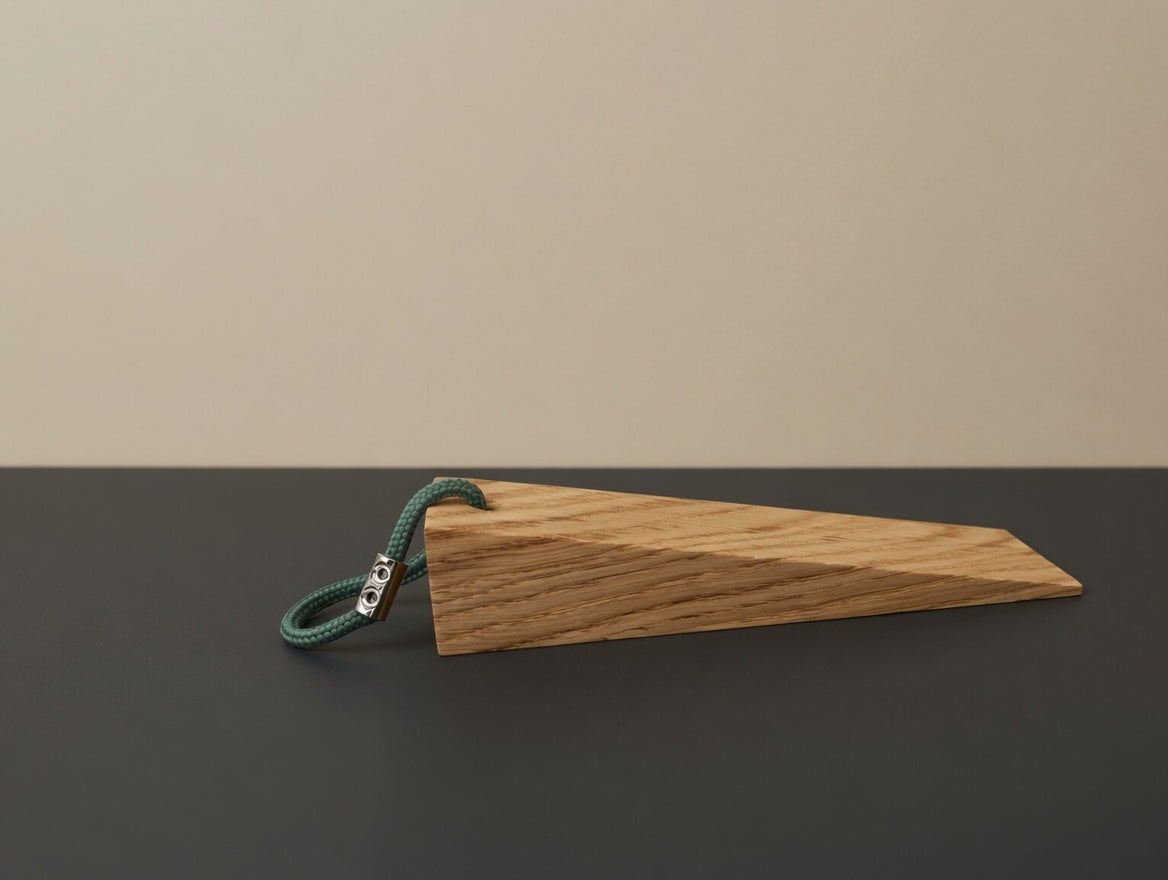 Handgefertigter Türkeil aus massiver Eiche, minimalistischer Türstopper mit farbiger Kordel