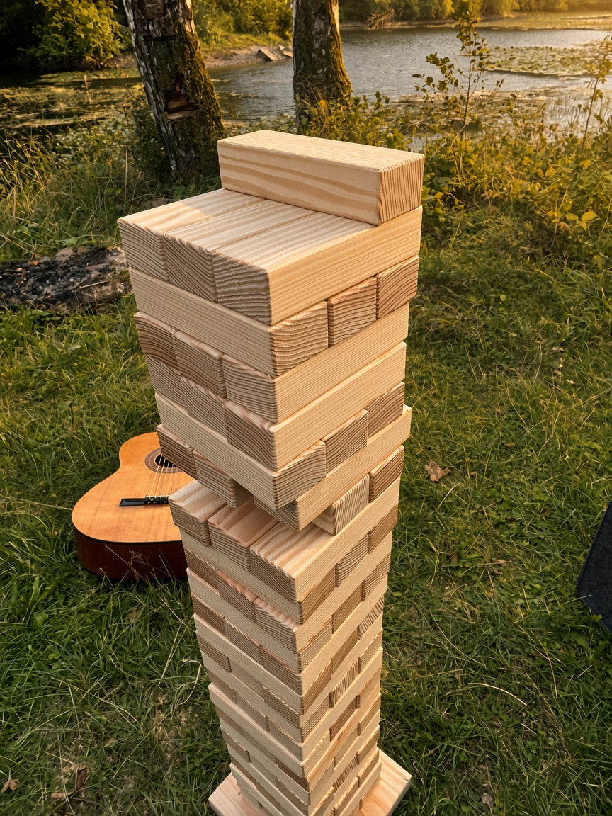 XXL Wackelturm Holz, Riesenspiel Garten & Outdoor, Hochzeitsspiel, Gartenspiel groß, personalisiertes Geschenk mit Filztasche