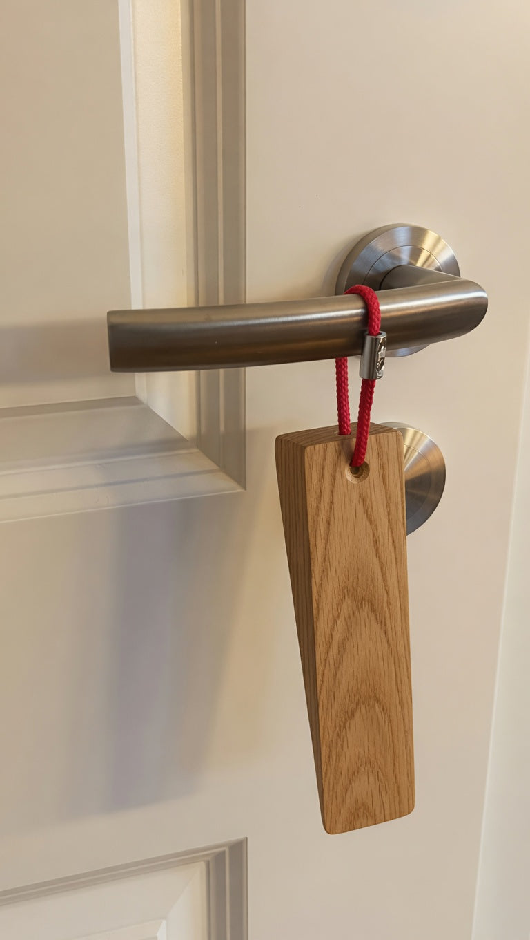 Handgefertigter Türkeil aus massiver Eiche, minimalistischer Türstopper mit farbiger Kordel