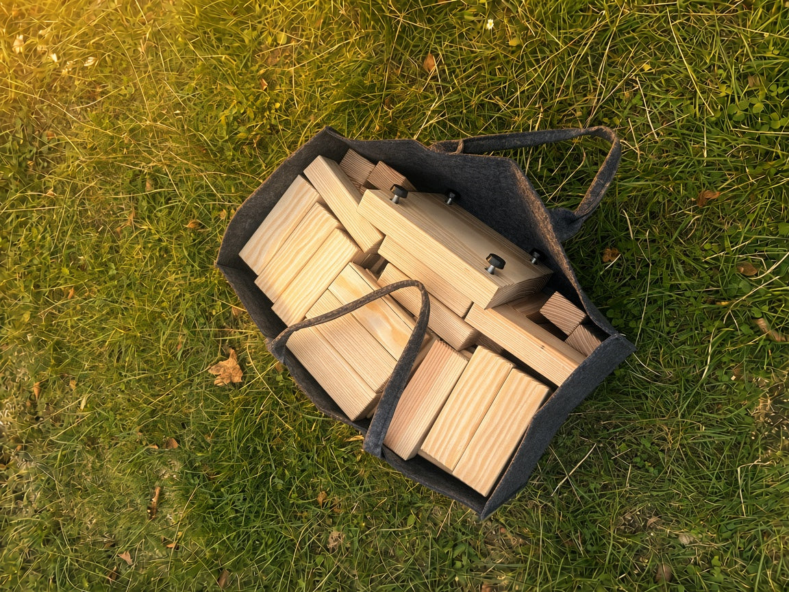 XXL Wackelturm Holz, Riesenspiel Garten & Outdoor, Hochzeitsspiel, Gartenspiel groß, personalisiertes Geschenk mit Filztasche