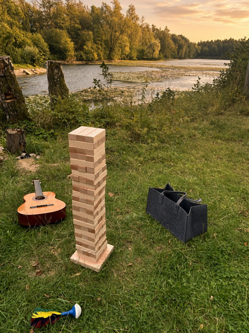 XXL Wackelturm Holz, Riesenspiel Garten & Outdoor, Hochzeitsspiel, Gartenspiel groß, personalisiertes Geschenk mit Filztasche