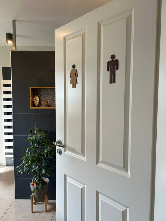 WC Schild Holz – Türschilder Männer & Frauen Set aus Eiche & Nussbaum, Handgefertigte Toilettenschilder, Bad Accessoire