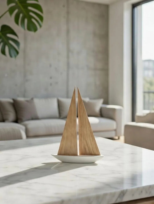 Handgefertigtes Holz-Deko-Boot – Pappelrumpf & Eiche-Segel, Unikat, Maritime Deko, Geschenkidee, Stilvolles Wohnaccessoire