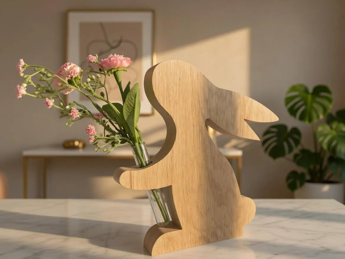 Dekorativer Osterhase aus massiver Eiche mit Vase | Handarbeit Holzfigur Ostern | Geschenk Frühling Wohndeko Natur
