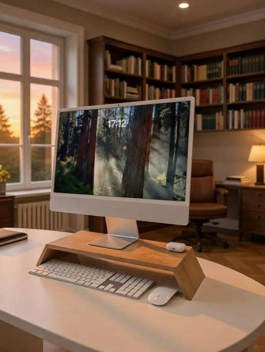 Monitorständer aus Eiche Holz – Handgefertigter Bildschirmständer für iMac, Monitor & Laptop | Ergonomischer Schreibtisch Organizer