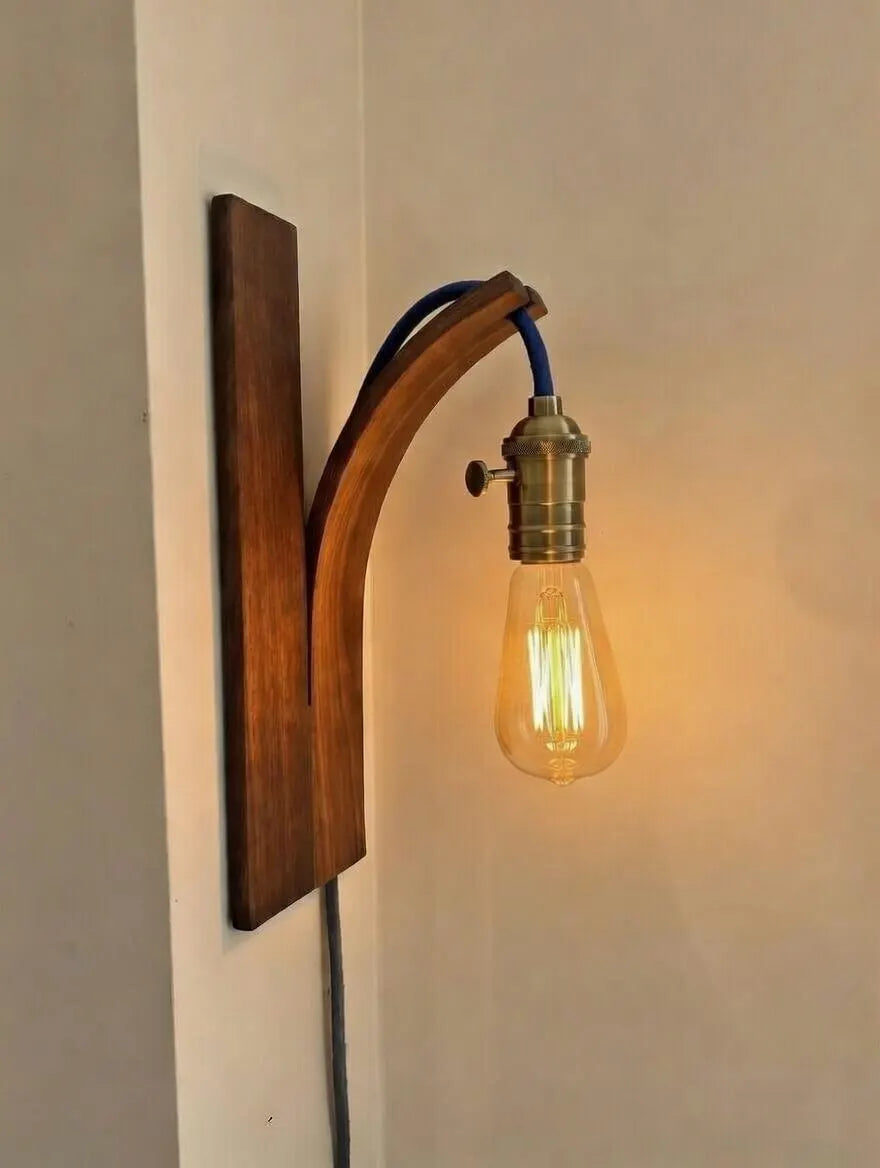 "Handcrafted Walnut Light Bulb Holder – Curved Wood Design, Wall Lamp without Electronics, Timeless &amp; Minimalist"