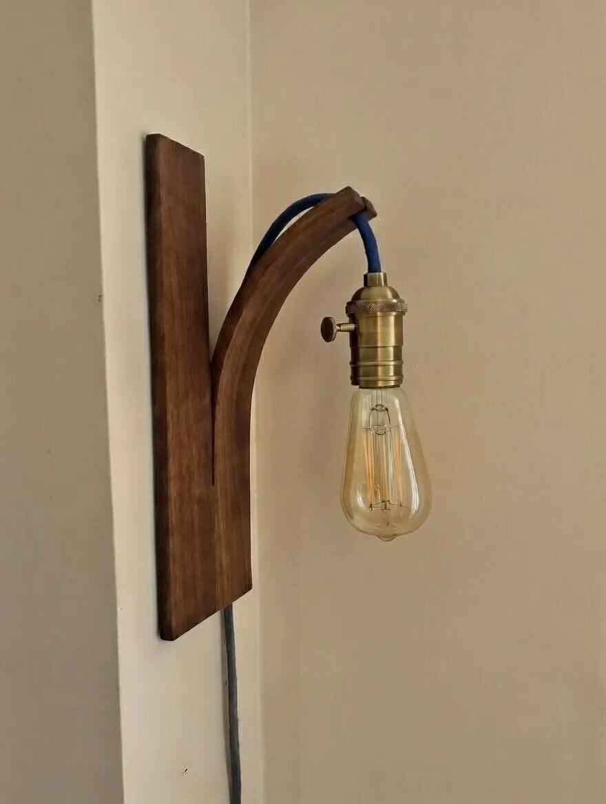 "Handcrafted Walnut Light Bulb Holder – Curved Wood Design, Wall Lamp without Electronics, Timeless &amp; Minimalist"