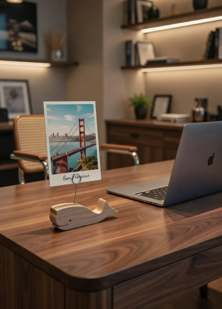 Dekorativer Bilderhalter in Form eines Wals aus Holz I Bilderrahmen I Fotoständer I Fotoclip I Notizzettelhalter I Kartenhalter