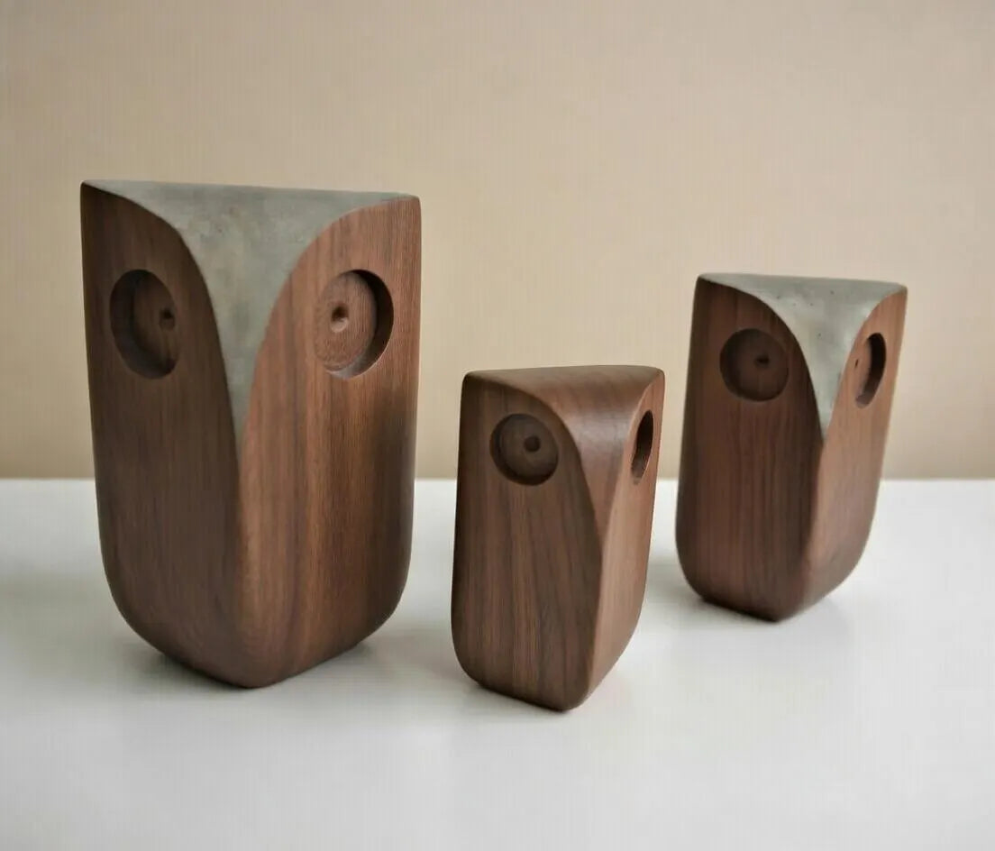 Handmade wooden owls set of 3 – walnut figurines, decorative owls, gift idea for Christmas, birthday, timeless home decoration