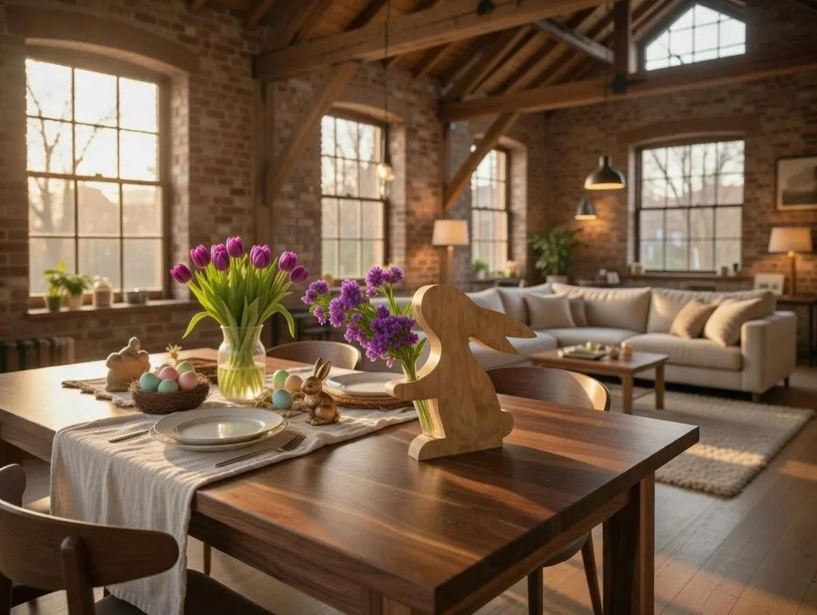 Dekorativer Osterhase aus massiver Eiche mit Vase | Handarbeit Holzfigur Ostern | Geschenk Frühling Wohndeko Natur