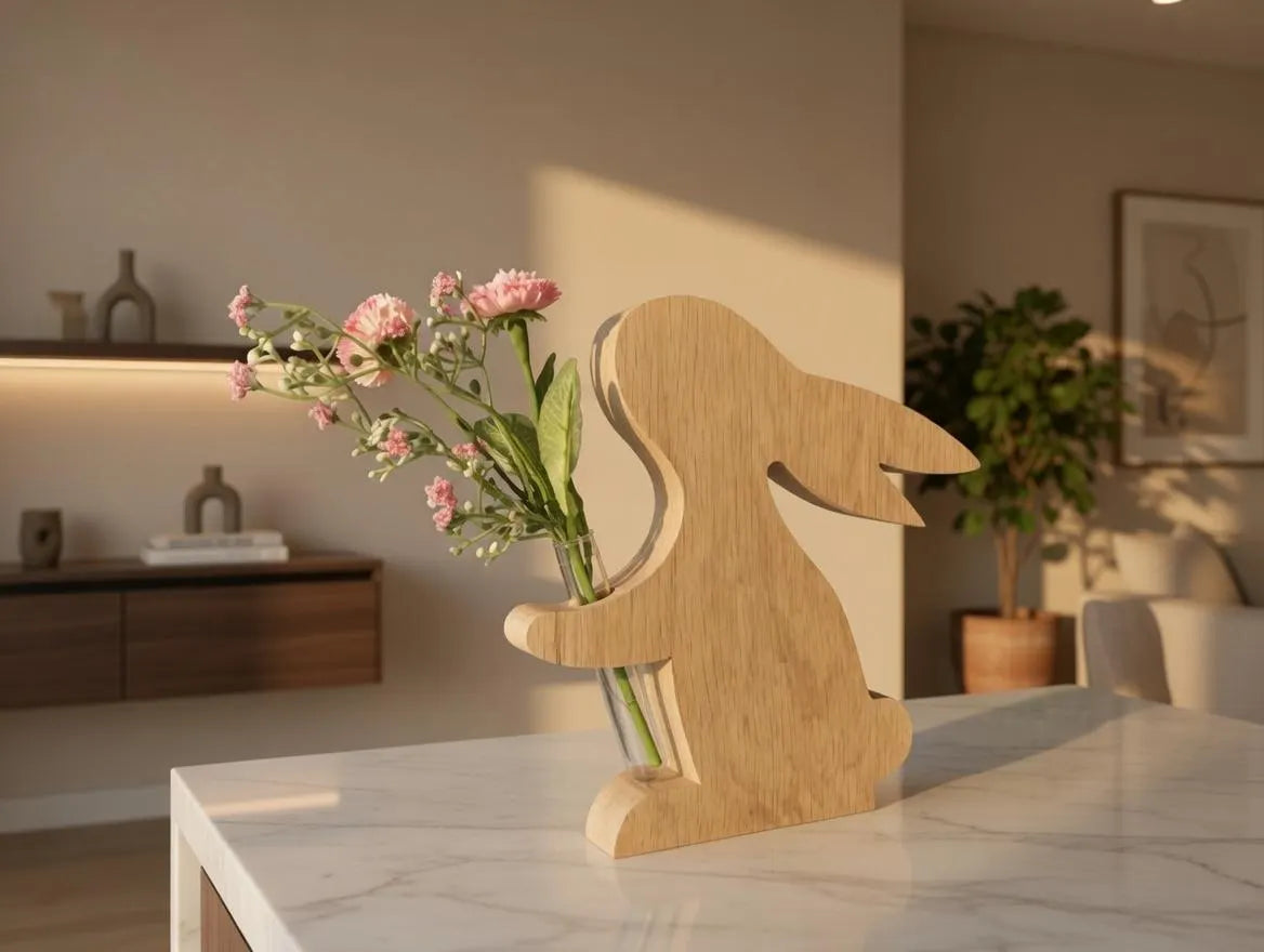 Dekorativer Osterhase aus massiver Eiche mit Vase | Handarbeit Holzfigur Ostern | Geschenk Frühling Wohndeko Natur