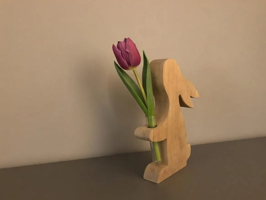 Dekorativer Osterhase aus massiver Eiche mit Vase | Handarbeit Holzfigur Ostern | Geschenk Frühling Wohndeko Natur