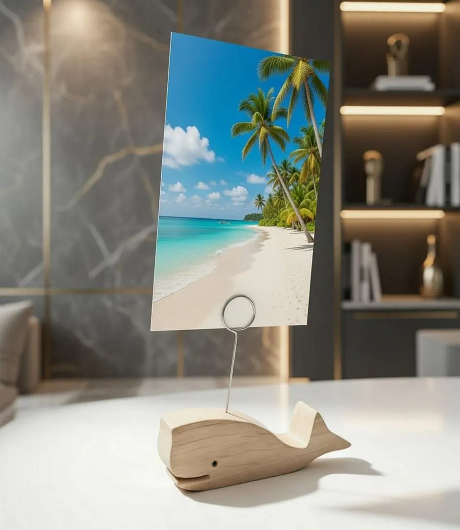 Dekorativer Bilderhalter in Form eines Wals aus Holz I Bilderrahmen I Fotoständer I Fotoclip I Notizzettelhalter I Kartenhalter