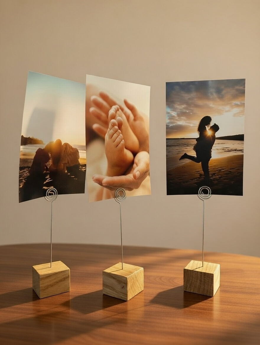 Fotoständer aus Eiche, handgemacht. Ideal als Bilder- & Kartenhalter – Einzigartiger Clip, perfektes Geschenk.