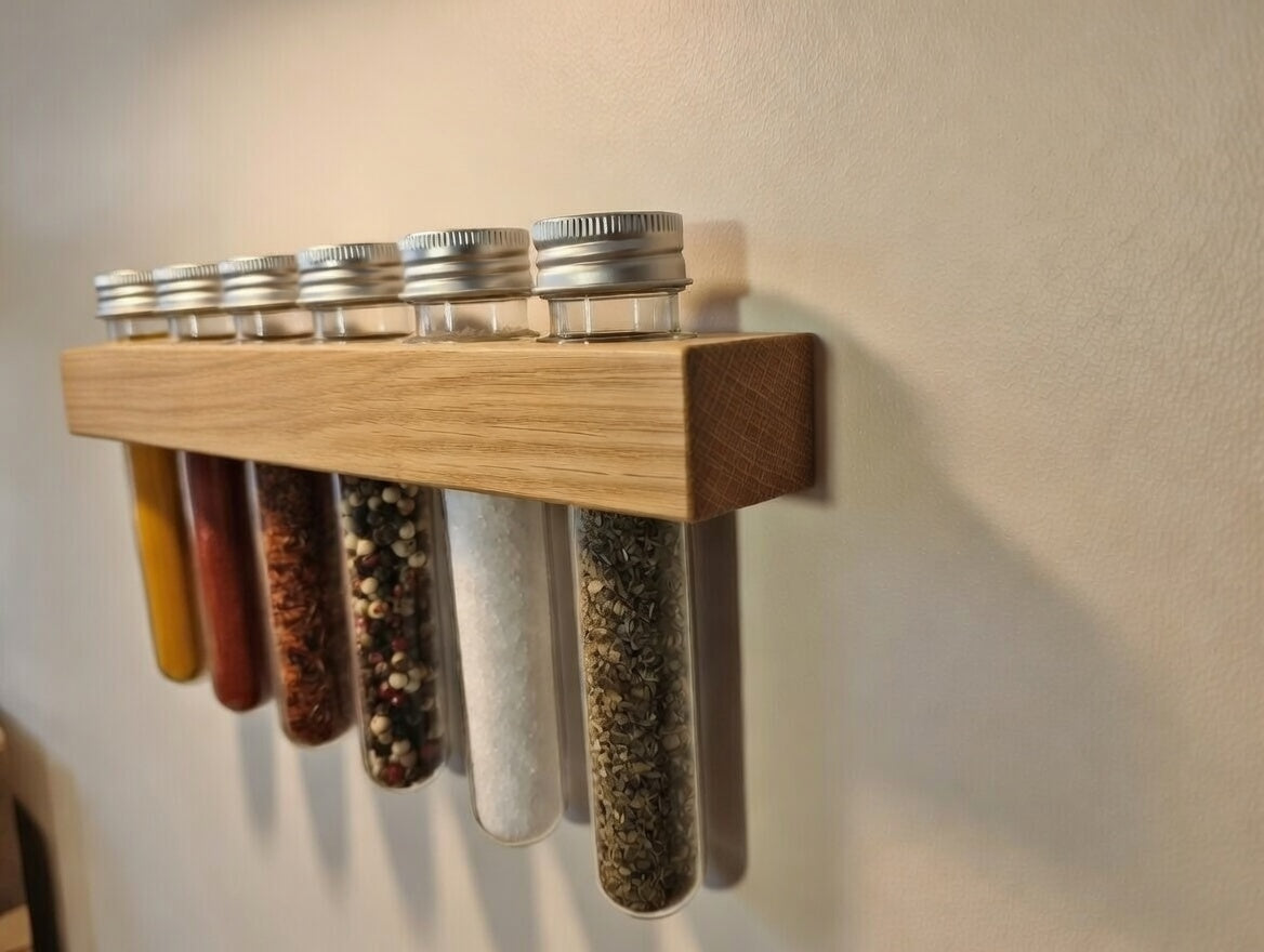 Gewürzregal aus Eiche handgefertigt mit 6 Reagenzgläsern – Küchenorganizer, praktisches & elegantes Geschenk für Hobbyköche