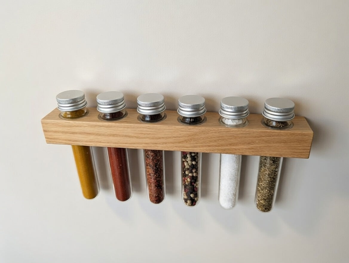 Gewürzregal aus Eiche handgefertigt mit 6 Reagenzgläsern – Küchenorganizer, praktisches & elegantes Geschenk für Hobbyköche