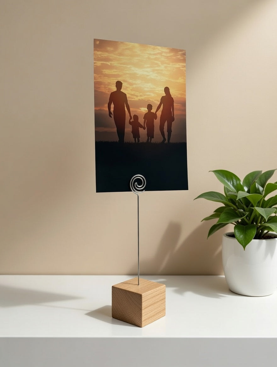 Fotoständer aus Eiche, handgemacht. Ideal als Bilder- & Kartenhalter – Einzigartiger Clip, perfektes Geschenk.