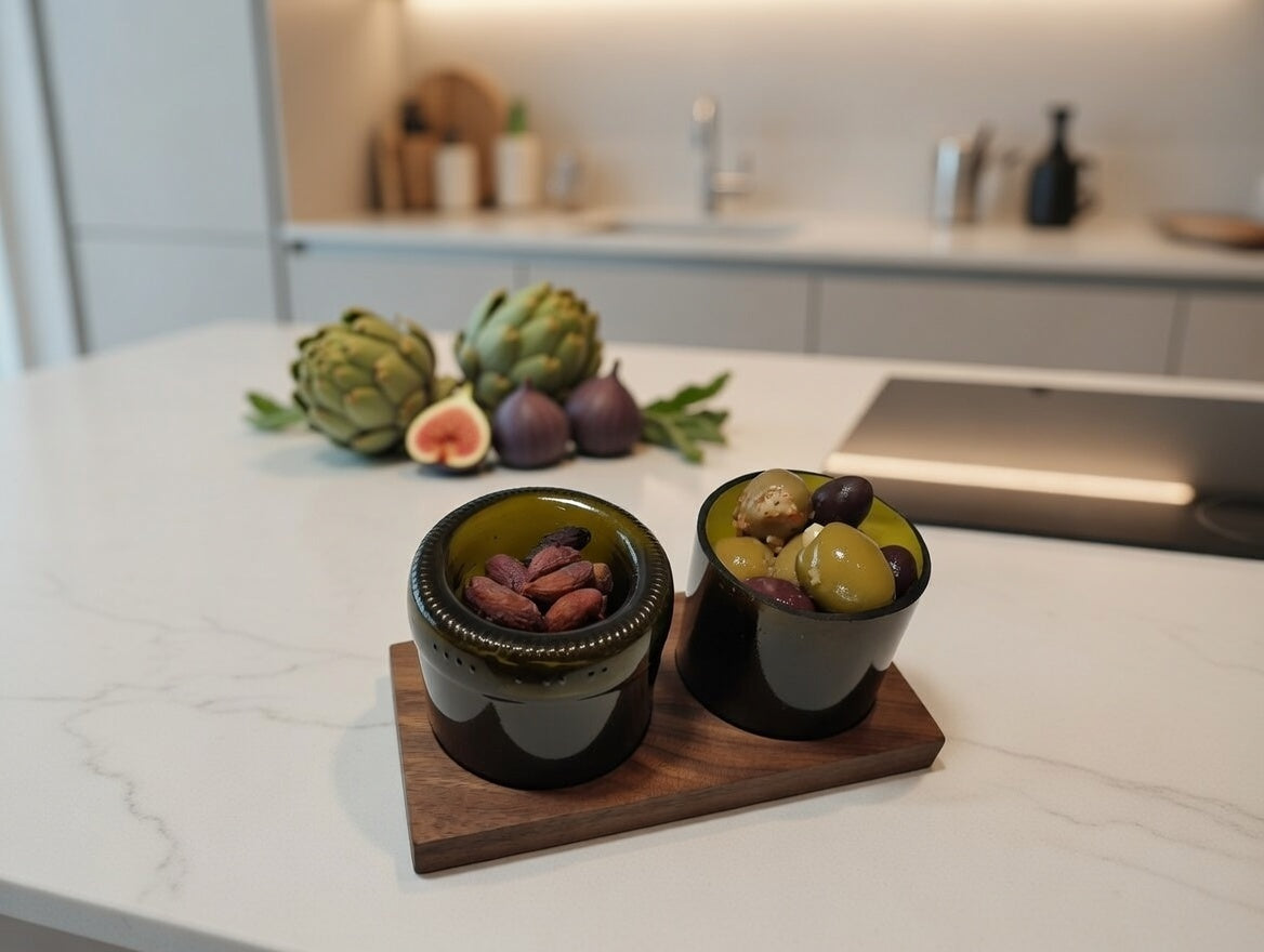 Olivenschale aus Weinflaschen mit Nussbaum Tablett | Handgemacht in Deutschland | Upcycling Geschenkidee | Nachhaltiges Küchenzubehör