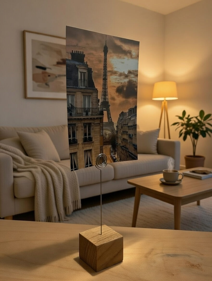 Fotoständer aus Eiche, handgemacht. Ideal als Bilder- & Kartenhalter – Einzigartiger Clip, perfektes Geschenk.