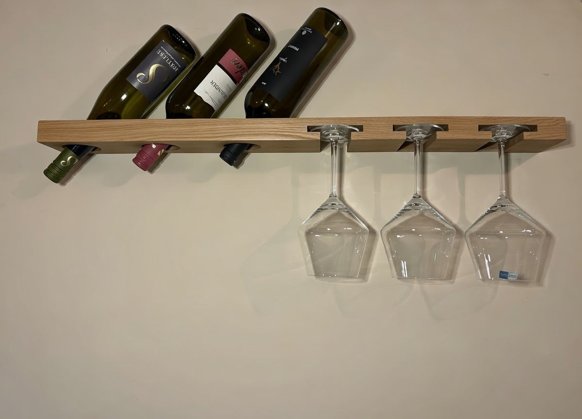 Weinregal Wand aus Eiche | Weinglashalter für 3 Gläser & 3 Flaschen