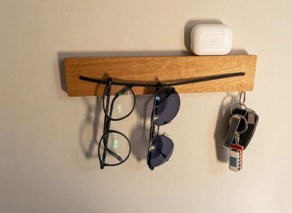 Brillenhalter aus Eiche mit Magnet-Schlüsselhalter | Sonnenbrillenhalter | Wand Brillenablage Holz | Schlüsselboard Flur | handgemacht
