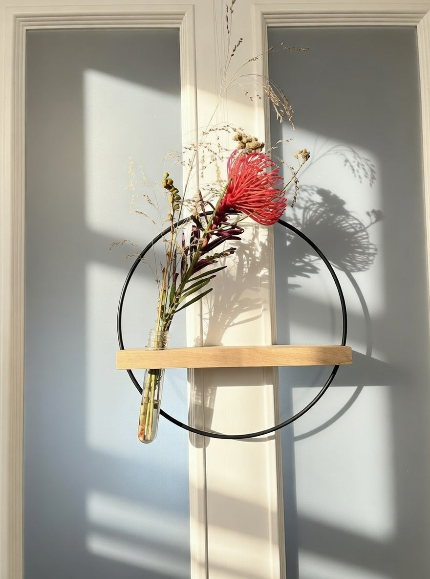 Hanging Vase with Metal Ring & Oak Wood Insert | Handmade Wall Decor | Scandinavian Home Accessory | Gift Idea