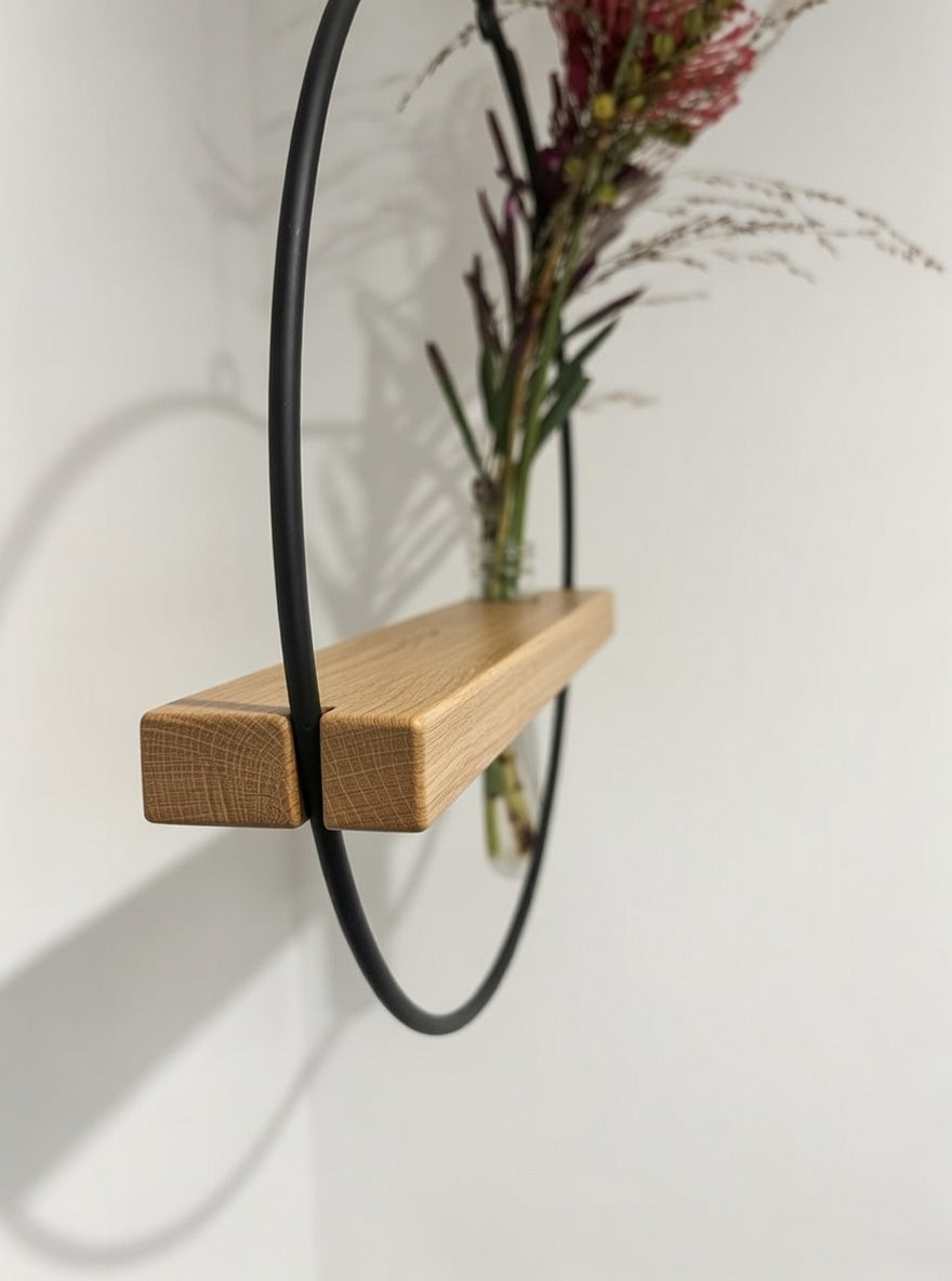 Hanging Vase with Metal Ring & Oak Wood Insert | Handmade Wall Decor | Scandinavian Home Accessory | Gift Idea