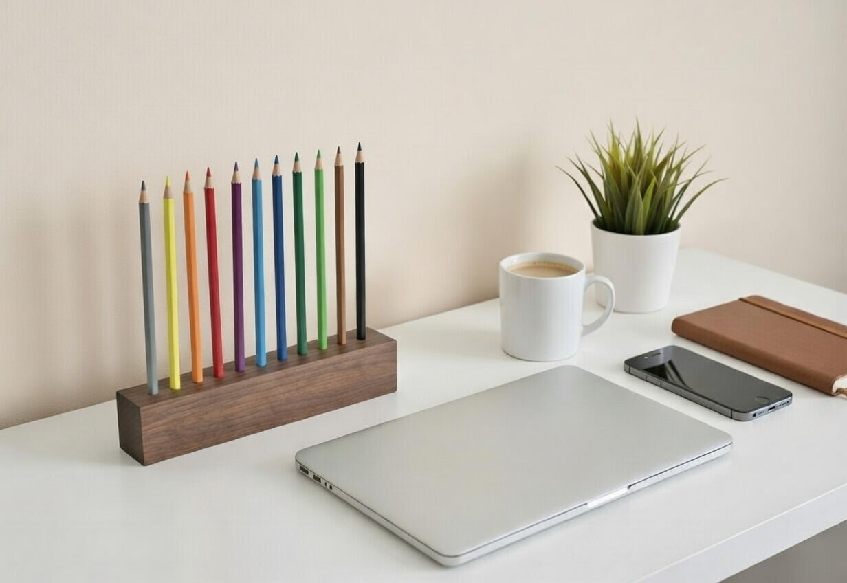 Minimalist Walnut Pen Holder with 10 Colored Pencils – Handmade Desk Organizer, Office Accessory, Gift Idea
