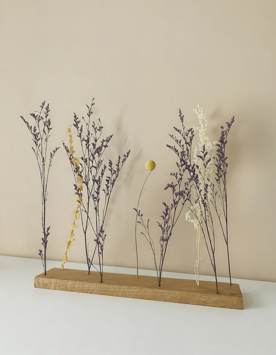 Blumenwiese aus Holz mit echten Trockenblumen – Dekoration aus Eiche – Trockenblumenhalter | Handmade I Geschenkidee