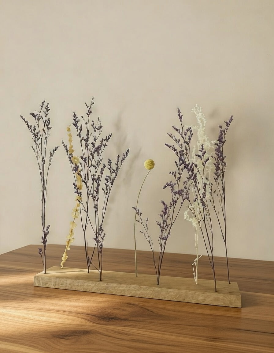 Blumenwiese aus Holz mit echten Trockenblumen – Dekoration aus Eiche – Trockenblumenhalter | Handmade I Geschenkidee
