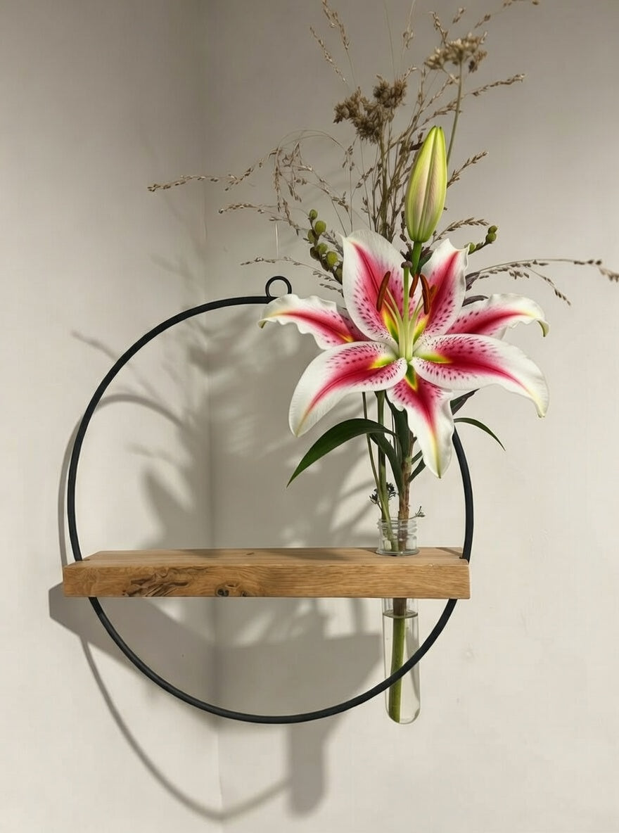 Hanging Vase with Metal Ring & Oak Wood Insert | Handmade Wall Decor | Scandinavian Home Accessory | Gift Idea