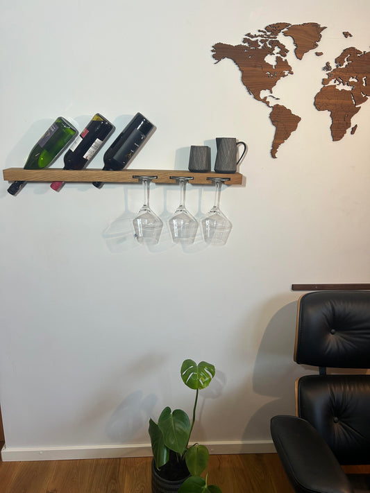 Weinregal Wand aus Eiche | Weinglashalter für 3 Gläser & 3 Flaschen | Handgefertigt | Geschenk für Weinliebhaber | Küche Wohnzimmer